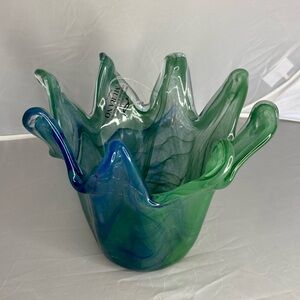 Murano Italian White Crystal Hand Blown Art Glass Swirl Aqua & blue NEW